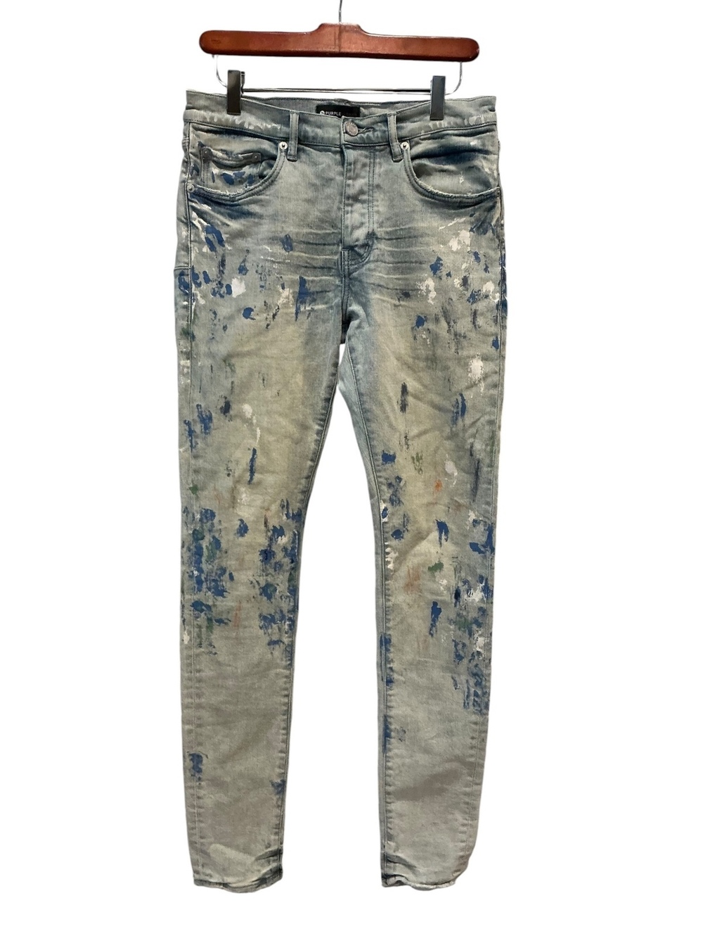 Purple Brand Distressed Skinny Jeans with Paint Splatter